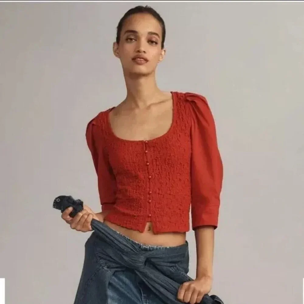 By Anthropologie Smocked Cardigan Top Red Buttondown Blouse S